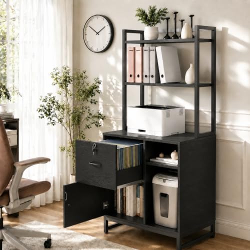 Homieasy Vertical Filing Cabinet with Bookshelf for Home Office, Black - Image 5