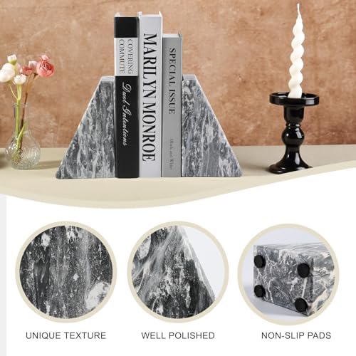 Koville Marble Bookends for Shelves, Large Bookends for Heavy Books, Natural Stone Book Stopper for Books CD Movies, Aesthetic Decorative Book Ends (Grey) - Image 3