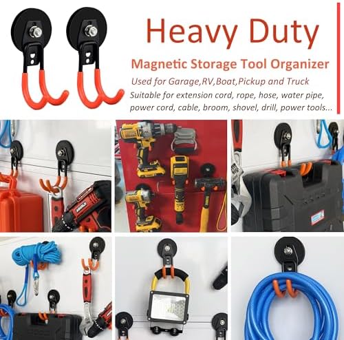 ULIBERMAGNET Garage Strong Magnetic Hooks, 4 Pack Heavy Duty Large J Hooks with Magnet, Anti-Slip Coating Magnet Hooks for Garden Tools, Ropes,Drill,Magnetic Double Hooks for Metal Cabinet,Pegboard - Image 3