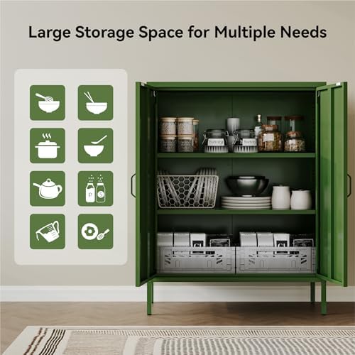 COFaR Forest Green Metal Cabinet, 40” Kitchen Pantry & Coffee Bar Cabinet, 3-Tier Adjustable Shelf Organizer with Magnetic Doors, Rustic Modern Sideboard for Dining Room, Home Office - Image 6