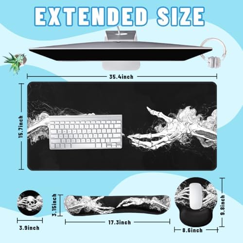 Skeleton Hands Desk Mat Set Dark Gothic Art Large Mouse Pad with Wrist Rest 4in1 Desk Mat for Desktop Ergonomic Keyboard Wrist Support Anti-Slip Computer Ergonomic Mouse Pad Home Office Gaming - Image 2