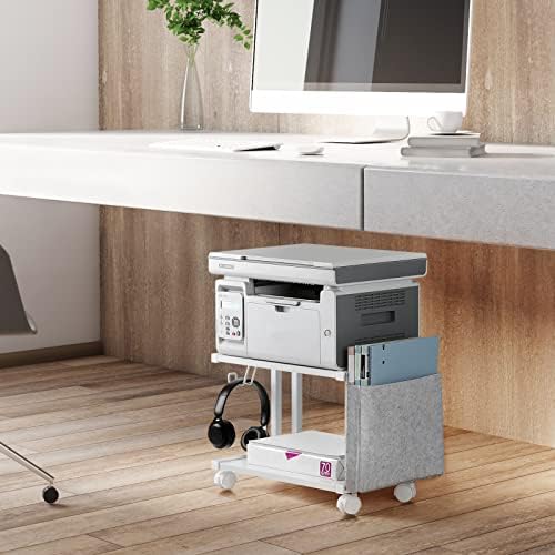 Printer Stand Under Desk Printer Table with Wheels 2 Tier Small Printer Cart with Storage Bag Desktop White Printer Stands for Home Office Fax Machine Scanner Files (White) - Image 7