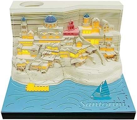 Aegean-Santorini Memo Pad 3D with Light,Kawaii Memo Pad Non-Stick 3D Sticky Notes,3D Art Craft Note Pad Notepad with Pen Holder Silhouette DIY Creative Gift by SIWEME