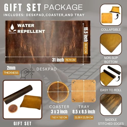 Leather Desk Mat Set (32x16) - Full Grain Large Computer Gaming Mouse Pad - Image 2
