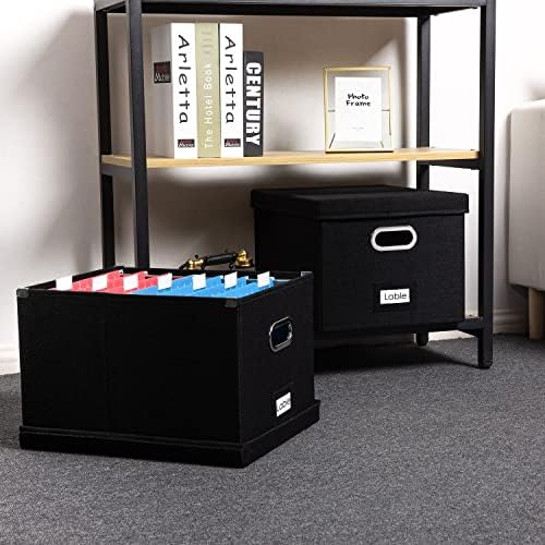 PRANDOM File Organizer Box - Set of 1 Collapsible Decorative Linen Filing Storage Hanging File Folders with Lids Office Cabinet Letter/Legal Size Black (17x14x11.2 inch) - Image 3