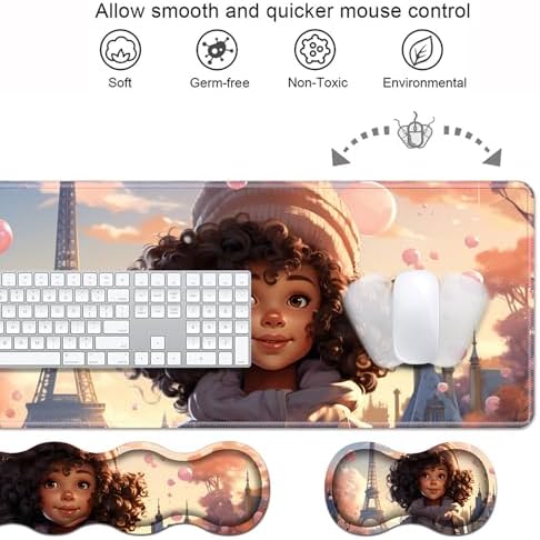 Ergonomic Keyboard Wrist Rest & Mouse Pad Wrist Rest Set, Large XXL Gaming Desk Mat 31.5"x 11.8" with Memory Foam, Easy Typing Pain Relief for Office & Home, Cute African American Girl - Image 4