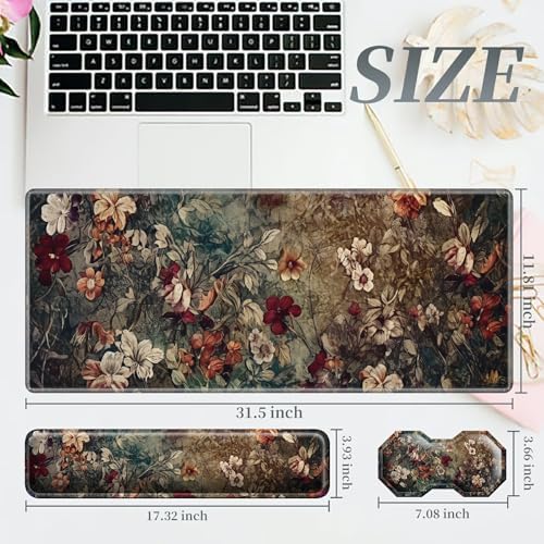 3Pcs Mouse Pad Set, Dark Art Flowers Large Gaming Mouse Pad with Stitched Edge, Ergonomic Memory Foam Keyboard Wrist Support and Mouse Wrist Rest Cushion, Pain Relief Non-Slip Desk Pad Combo - Image 2