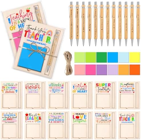 24 Set Teacher Appreciation Gifts Bulk Sticky Notes with Ballpoint Pens and Wooden Pad Holder, Appreciation Sticky Note Organizer Thank You Gifts for Teacher Coworker Nurse Office Supplies by BOBOKA