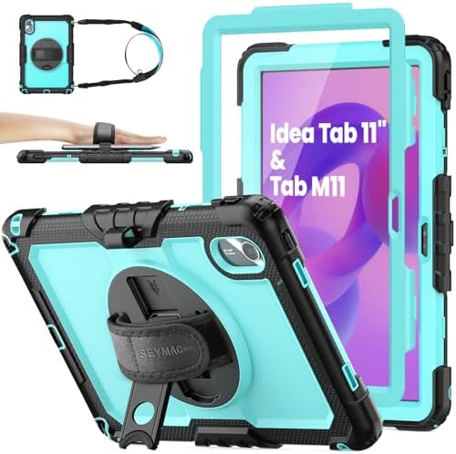 SEYMAC stock Tablet Case for Lenovo Idea Tab 11'' / M11 (TB336FU/TB330FU) 11 inch Drop-Proof Protection Cover with 360° Rotate Stand & Strap [Pen Holder] & Screen Protector 2025/2024, Sky Blue+Black by SEYMACstock