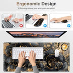 Desk Mat Pad, Gaming Mouse Pad Wrist Support Set, 4 in1 Non-Slip XXL Large Mousepad + Ergonomic Keyboard Wrist Rest+Mouse Wrist Rest+Coaster for Home Office PC Computer I Black Gold Floral - Image 4