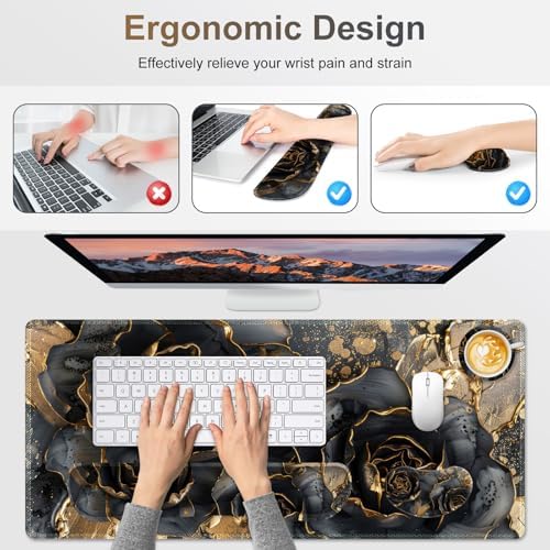 Desk Mat Pad, Gaming Mouse Pad Wrist Support Set, 4 in1 Non-Slip XXL Large Mousepad + Ergonomic Keyboard Wrist Rest+Mouse Wrist Rest+Coaster for Home Office PC Computer I Black Gold Floral - Image 4