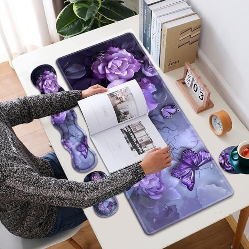 Large XXL Gaming Desk Mat 31.5"x 11.8", Ergonomic Keyboard Wrist Rest & Mouse Pad Wrist Rest + Coaster Set, Non-Slip Base, Memory Foam, Office and Home, Purple Rose - Image 7