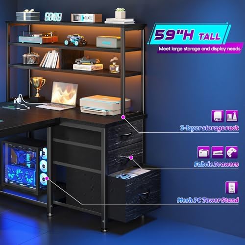 DurayLoly 55" L Shaped Gaming Desk with 3 Fabric Drawers & Shelves - Image 5