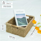 Large Natural Wicker Basket Rectangular with Wooden Handles, Seagrass Storage for Organizing, Shelves 15.5 x 10.6 x 5.5 inches - Image 2