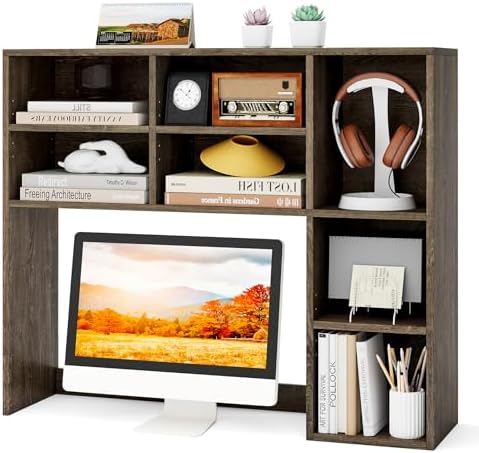Tangkula Desktop Bookshelf, 37" Countertop Storage Hutch with 7 Cubes & 3 Adjustable Shelves, 3-Tier Desk Display Rack Organizer, Multipurpose Wood Desktop Hutch for Dorm Home Office (Grey) by TANGKULA