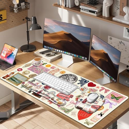 Beige Mouse Pad with Wrist Support 4 in1 Set, XXL Big Game Mousepad + Keyboard Wrist Rest + Mouse Wrist Rest Pad +Coaster Gaming Mat for Home Office Work Computer I Cute Design Stickers - Image 5