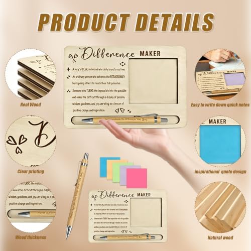 10 Sets Difference Maker Gift Appreciation Gifts Bulk Includes Wooden Sticky Note Holder Sticky Notes Ballpoint Pens Thank You Gifts for Employee Coworkers Teacher (Difference Maker) - Image 3
