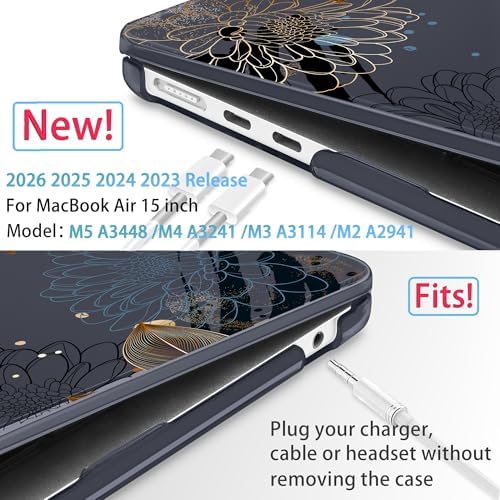 Mektron for 2026/2025/2024/2023 MacBook Air 15 INCH M5 A3448 /M4 A3241 /M3 A3114 /M2 A2941 Case, Printed Plastic Hard Shell Cover with 15.3" Liquid Retina Display Touch ID, Line Chrysanthemums - Image 2