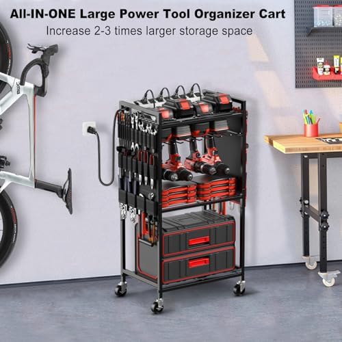 JUNNUJ Power Tool Organizer Cart with Charging Station, 6 FT Cord, Black - Image 6