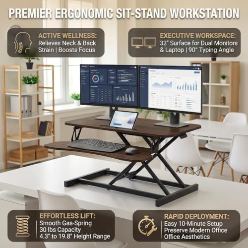 Standing Desk Converter 32" - Sit to Stand Desk Converter for Dual Monitors - Height Adjustable Desk Riser for Standing - Home Office & Corporate Use - Relieve Back Pain(Walnut) - Image 3