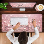 Keyboard Wrist Rest and Mouse Pad with Wrist Support Set Ergonomic Coaster,Memory Foam,Easy Typing Pain Relief,Large XL Desk Mat 31.5"x 11.8",Rose Gold Glitter Quote Bible Verse Psalm 46-5 - Image 4