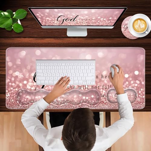 Keyboard Wrist Rest and Mouse Pad with Wrist Support Set Ergonomic Coaster,Memory Foam,Easy Typing Pain Relief,Large XL Desk Mat 31.5"x 11.8",Rose Gold Glitter Quote Bible Verse Psalm 46-5 - Image 4