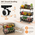 Fruit and Vegetable Storage, 3 Tier Fruit Basket with Wooden Top Table Kitchen Pantry Storage Bins and Organizers, Stackable Metal Rolling Cart for Vegetable Snacks Drinks Onion Potato Organization - Image 5