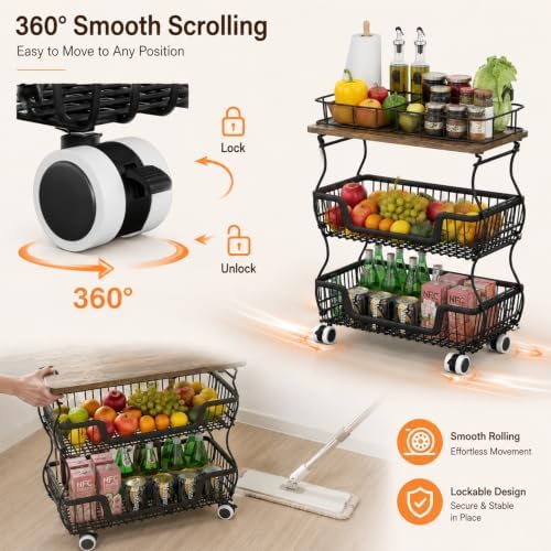 Fruit and Vegetable Storage, 3 Tier Fruit Basket with Wooden Top Table Kitchen Pantry Storage Bins and Organizers, Stackable Metal Rolling Cart for Vegetable Snacks Drinks Onion Potato Organization - Image 5