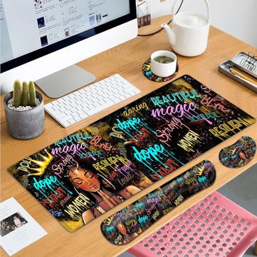 Large Gaming Mouse Pad+ Keyboard Wrist Rest Set, Ergonomics Memory Foam Mouse Mat Wrist Rest Support, Waterproof Extended Mousepad 31.5x11.8in, African American Black Women Graffiti Girl Desk Pad - Image 7