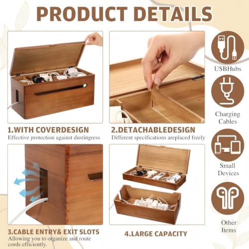 Novabright Double Layer Wooden Cable Management Box Large with Lid Power Strip Cord Organizer Hider for Desk TV Stand Home Office - Image 3