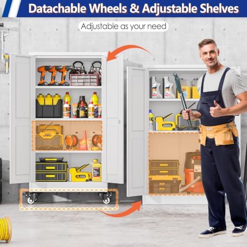 GAIOUS Metal Garage Storage Cabinet with Lock and Wheels, 45.7" Tall Metal Storage Cabinets with Locked Door and 3 Adjustable Shelves, Rolling Tool Cabinet, Utility File Cabinet for Home Office, White - Image 4