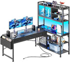 PRAISUN 57.5 Inch L Shaped Gaming Desk with Power Outlets and LED Lights by PRAISUN