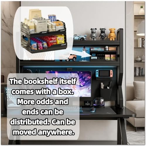 Desktop Hutch Bookshelf,Many Gifts,Metal Desktop Bookcase with pegboard, Desk Shelf, Countertop Storage Organizer Rack for Dorm or Office,Desktop Shelves (Black, 45.3" Lx9.9 Wx39 H) - Image 3