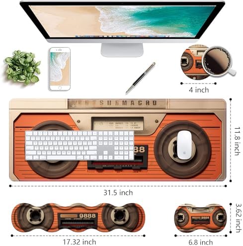 Ergonomic Keyboard Wrist Rest & Mouse Pad Wrist Rest Set, Large XXL Gaming Desk Mat 31.5"x 11.8" with Non-Slip Base, Memory Foam, Easy Typing Pain Relief for Home & Office, Retro Tape Recorder - Image 2