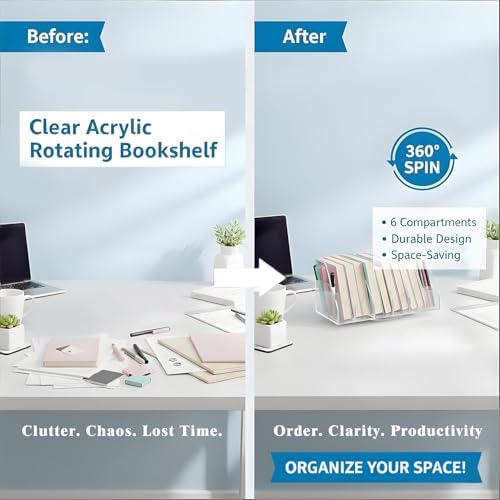 2 Pcs Rotating Acrylic Book Organizer, 360° Spinning 6 Compartments Desktop Magazine File Holder, Vertical Storage for Books, Binders, Notebooks & Magazines, Clear Desk Organizer for Home Office - Image 4