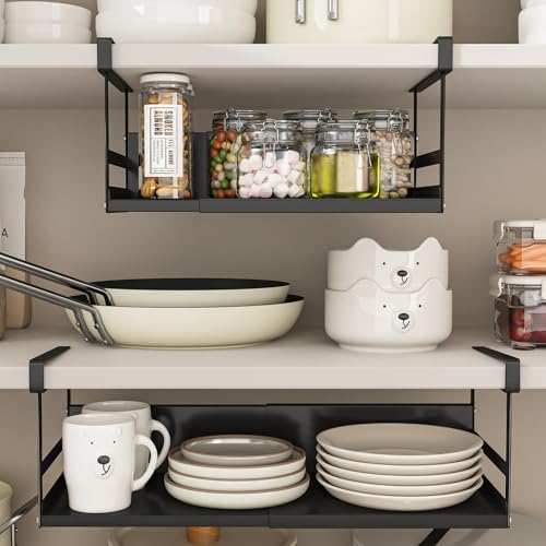 Expandable Under Cabinet Shelf Organizer with 0.94-Inch Thick Clips, Heavy Duty Extendable Under Shelf Storage Basket for Pantry or Laundry Room, Black, 2 Pack, Interior: 5.7" H x 7.2" D - Image 2