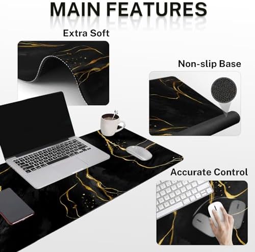 Britimes Keyboard Mouse Pad Set, 4 in 1 Desk Mat Set, Marble Black Gold - Image 5