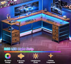 Furologee 66'' L Shaped Computer Desk with 6 Drawers & LED, Rustic Brown - Image 5