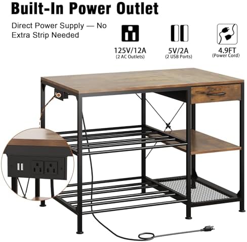 3D Printer Table with Filament Storage, 3-Tier 3D Printer Stand with Power Outlet & Drawer, Heavy Duty 3D Printer Rack for Workshop Studio Office (Brown) - Image 4