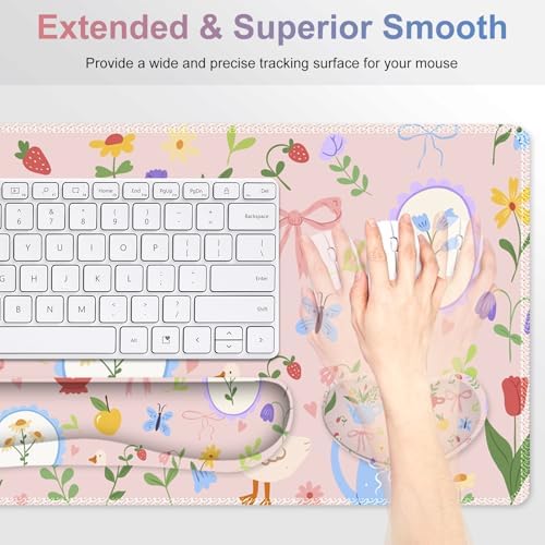 Large Gaming Mouse Pad Set, Adorable Style 4 in1 Ergonomics Keyboard Desk Mat with Memory Foam Wrist Rest, Extended Game Mousepad, Non-Slip Desk Pad Matt Easy Typing Pain Relief I Pink Girly - Image 4
