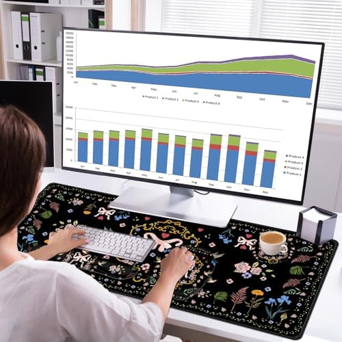 Mouse Pad with Wrist Support 4 in1 Set, XXL Big Game Mousepad + Keyboard Wrist Rest + Mouse Wrist Rest Pad +Coaster Gaming Mat for Home Office Work Computer Laptop I Vintage Floral Romantic Bow - Image 3