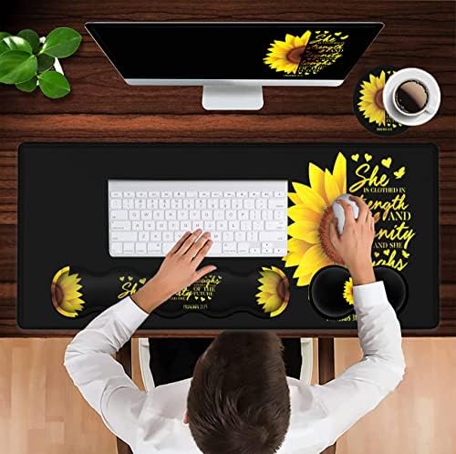 Gaming Black Mouse Pad + Keyboard Wrist Rest XL Large Mouse Mat Sunflower Christian Verse Proverbs 31-25 Extended Desk Pad Non-Slip Rubber Mice Pads Stitched Edges Pad (31.5x11.8 in) - Image 4
