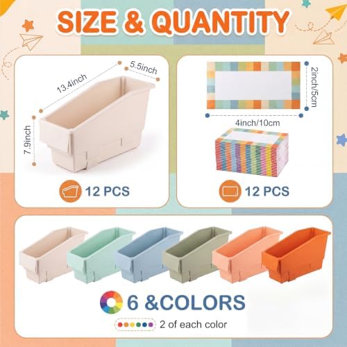 Geetery 12 Pack Non-Tip Book Bins with Stabilizer Wings,lables, Earth Tone - Image 2