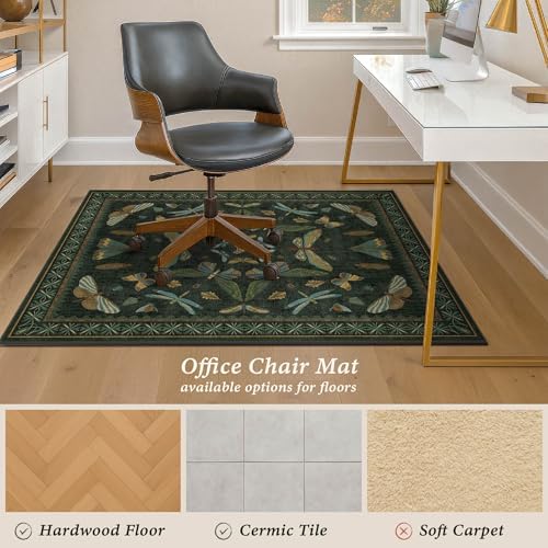 Dark Green Vintage Insect Office Chair Mat 4'x5', Decorative Desk Rug for Hardwood Floors, Washable Non Slip Low Pile Computer Chair Rug, 48"x60" Floor Protector for Home Office - Image 4