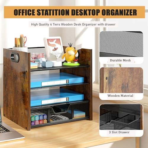 Desk Organizer - 4 Tier Desktop File Organizer with Drawer, Wooden Paper Tray Organizer, Office Desk Accessories Organizer for Papers, Mail, Notebooks, Stationery - Image 5