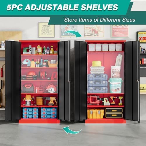 6 Tier Garage Storage Cabinet with 5 Adjustable Shelves,Metal Storage Cabinet with Lock,Red Black Metal Cabinet with Locking Doors,Steel Locker,71" Lockable Storage Cabinets for Home,Office,Garage - Image 4