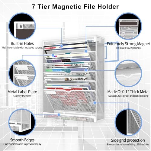 7 Tier Magnetic File Holder, No Drilling Wall File Organizer for File Cabinets Whiteboard Refrigerator,Office,Classroom, Hanging Paper Folder Holder, White - Image 5