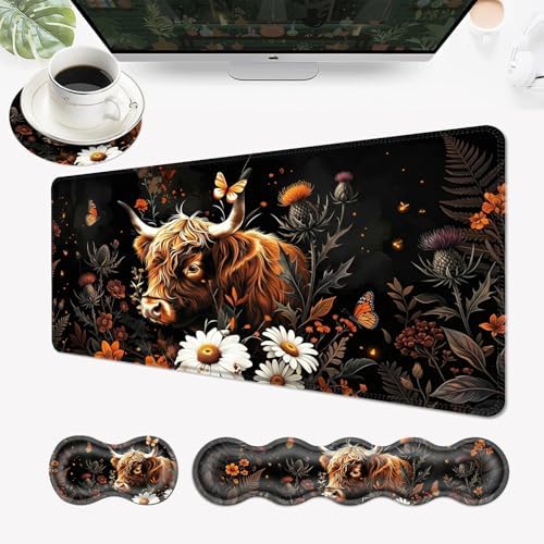 Desk Mat, Mouse Pad with Wrist Rest, 4-in-1 Large Mouse Pads for Desk, Ergonomic Mouse Pad and Keyboard Wrist Rest Gaming Keyboard Mat for Office,Highland Cow Flowers Butterfly by EFGWSDER