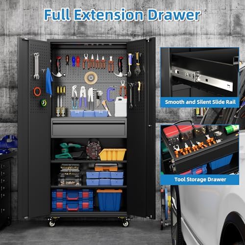 SUXXAN 71-Inch Garage Storage Cabinet with Drawer, Pegboard and Wheels - Image 6