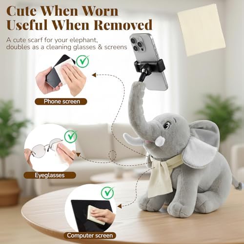 Phone Holder, Phone Mount with 360° Rotating Clip 45° Adjustable Trunk, Elephant Stuffed Animal with Ear Pockets Glasses Cloth Scarf & Back Headphone Fit, Cell Phone Holder for Desk Bed Sofa Car- Gray - Image 4